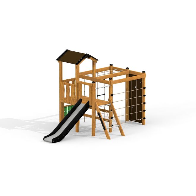 Climbing Kiosk Modern Nature wooden playhouse with slide et filet d’escalade