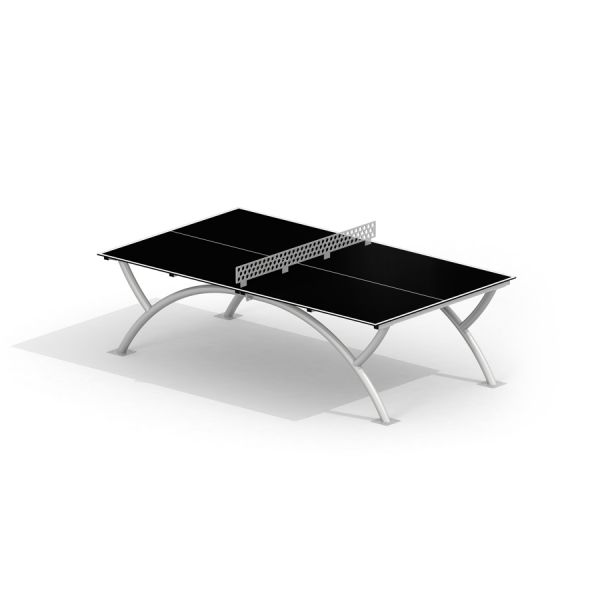 Outdoor Table Tennis avec une surface noire élégante et des pieds en métal courbés.