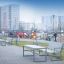 Bancs modernes et Kyoto Table HPL dans un parc urbain