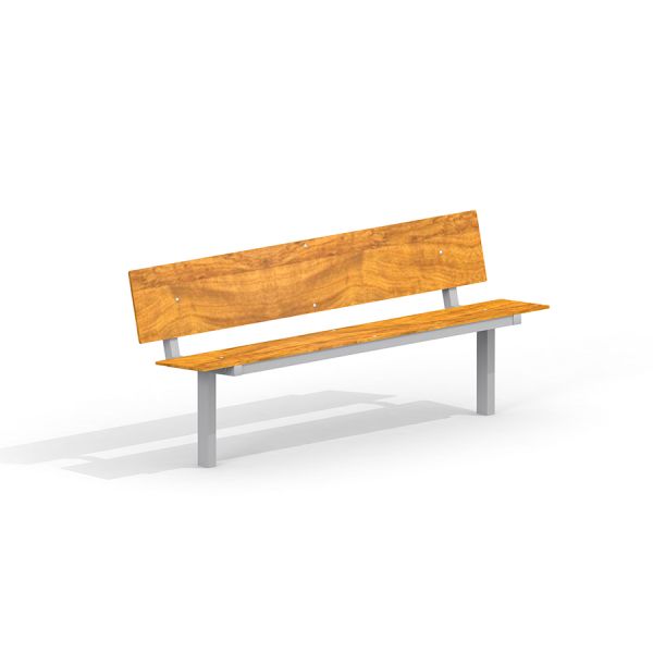 HPL Bench avec assise et dossier en bois sur pieds en métal.