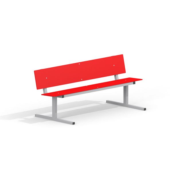 HPL Bench Freestanding rouge avec cadre argenté, adapté aux parcs extérieurs et aux espaces publics.