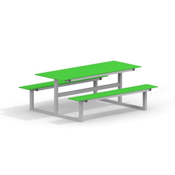 Vert Table & Bench HPL, cadre métallique, isolé sur fond blanc.