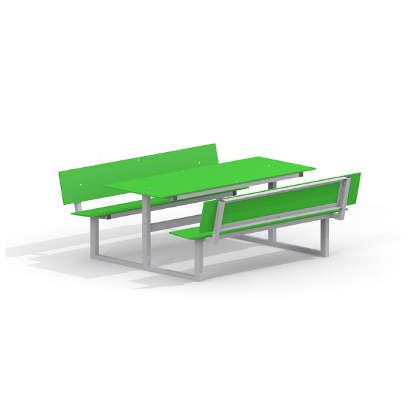 Table & Bench HPL vert avec cadre métallique.