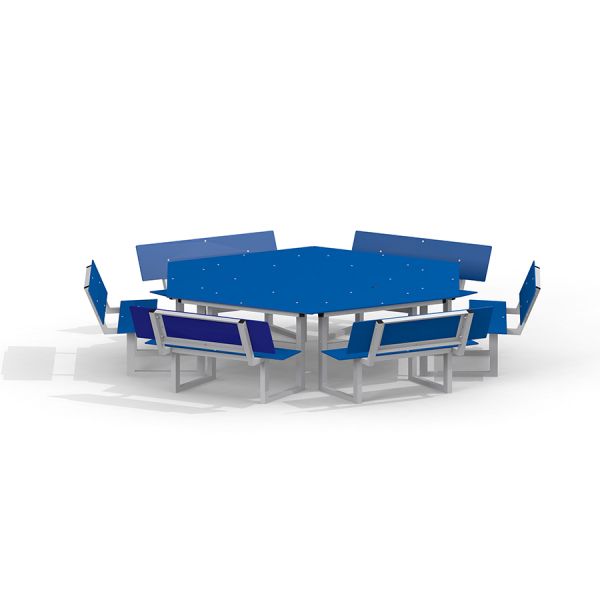 Table de pique-nique hexagonale bleue avec six bancs attachés, Table & Bench 6 Seats HPL.
