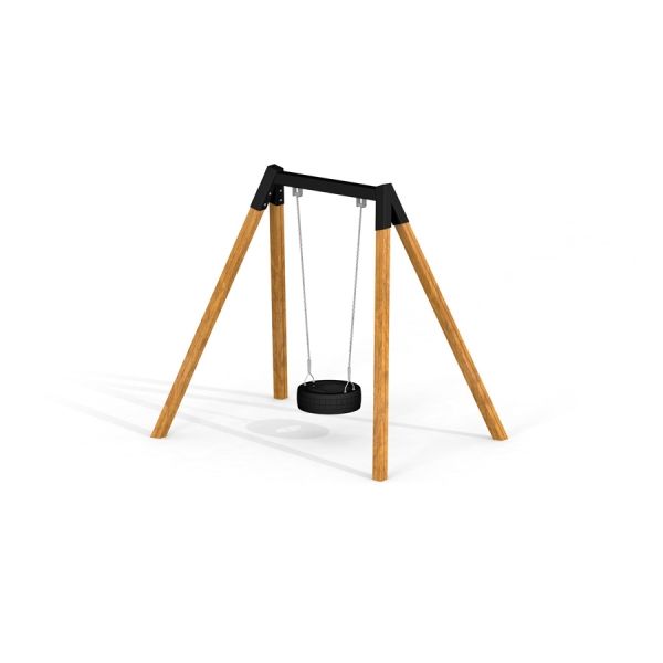 Single swing avec un siège en pneu et un cadre en bois.