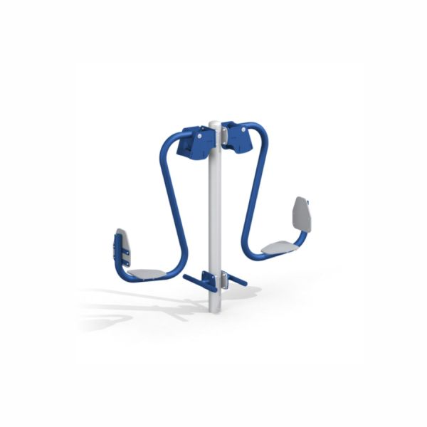 Équipement de fitness extérieur Double Leg Press avec cadre métallique bleu et gris.