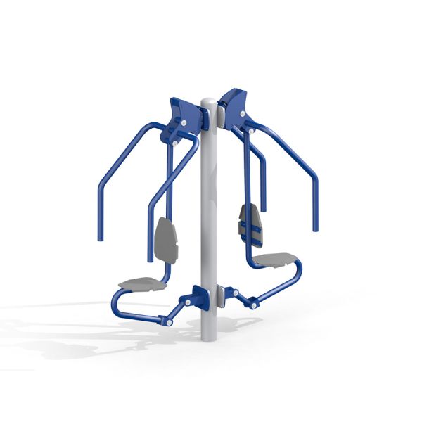 Équipement d’exercice extérieur Double Chest Press avec deux sièges et des poignées bleues.