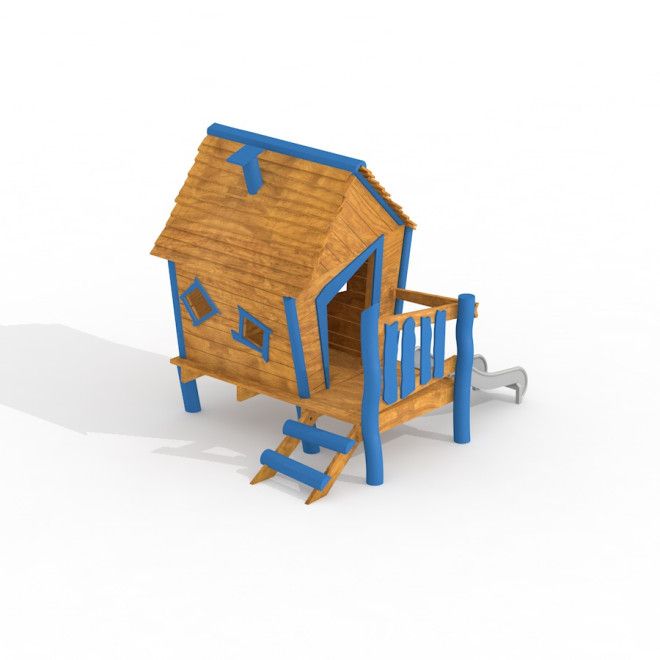 Olle's Playhouse structure de jeu en bois avec accents bleus et toboggan