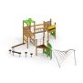 Vilcabamba wooden playhouse avec structures d'escalade, ponts suspendus et filets pour enfants.