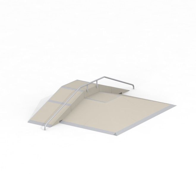 Rampe de skatepark Fun Box 8 avec rail et plusieurs surfaces inclinées.