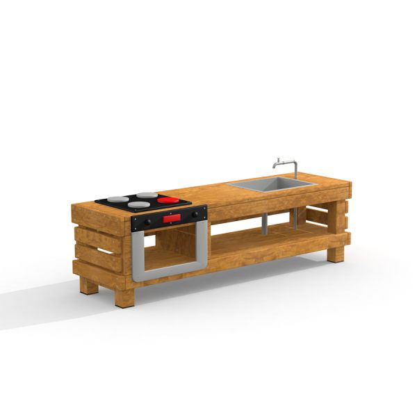 Cuisine en bois Kitchen Table avec cuisinière et évier.
