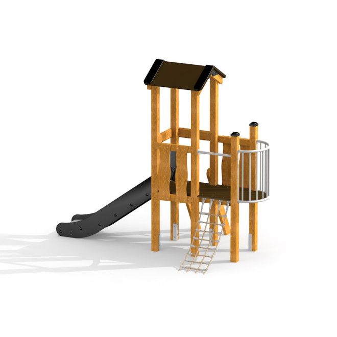 Cabane de jeu en bois Pixie Modern Nature avec toboggan noir et filet d’escalade