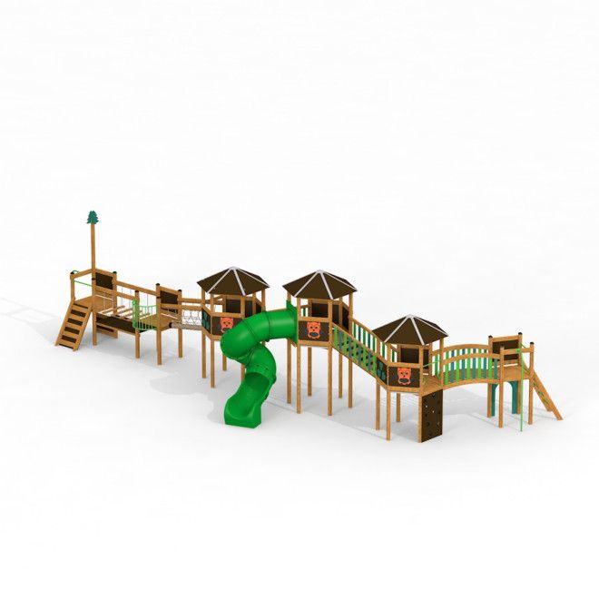 Forest Village castle with slide structure de jeu avec tours en bois et toboggan tubulaire vert