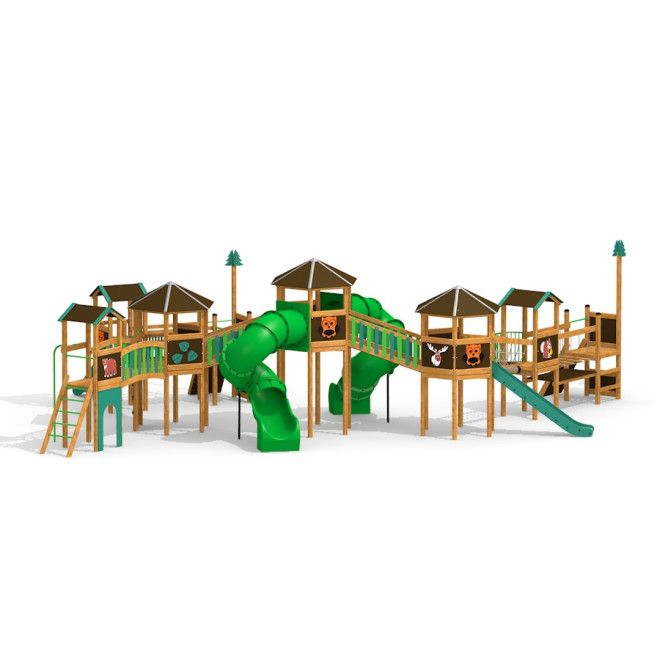 Forest City castle with slide structure de jeu en bois avec tube vert et toboggans droits