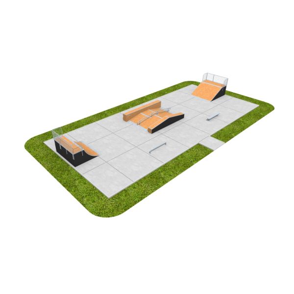 Skate Park 10 avec plusieurs rampes et rails sur une surface en béton bordée d’herbe