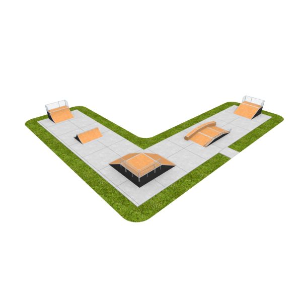 Skate Park 11 avec diverses rampes et rails sur un agencement en V