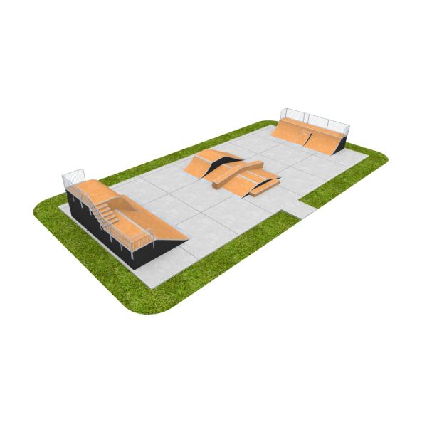 Skate Park 12 avec diverses rampes et rails sur une base en béton, entouré d’herbe
