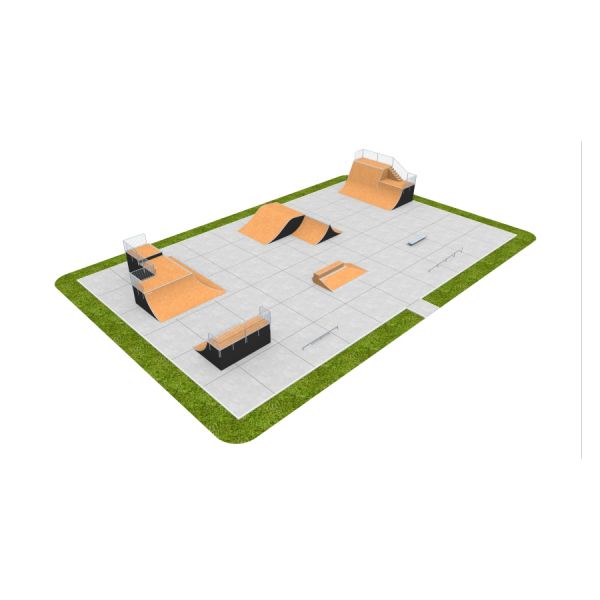 Skate Park 13 avec rampes et rails sur une surface en béton'