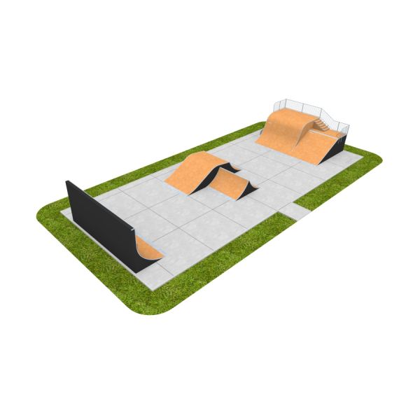 Skate Park 14 avec diverses rampes, rails et obstacles de skateboard sur une plateforme en béton entourée
