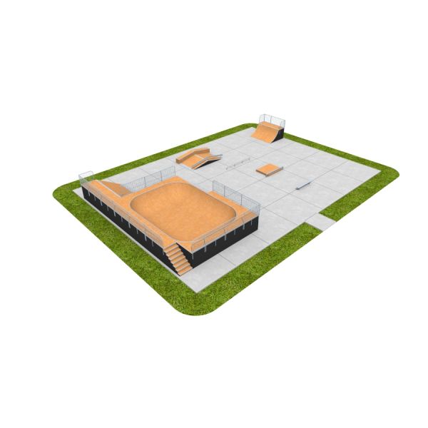 Skate Park 15 avec rampes et divers obstacles pour le skateboard.