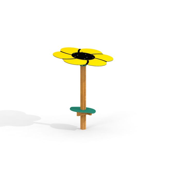 Table de jeu avec pare-soleil en forme de fleur jaune.