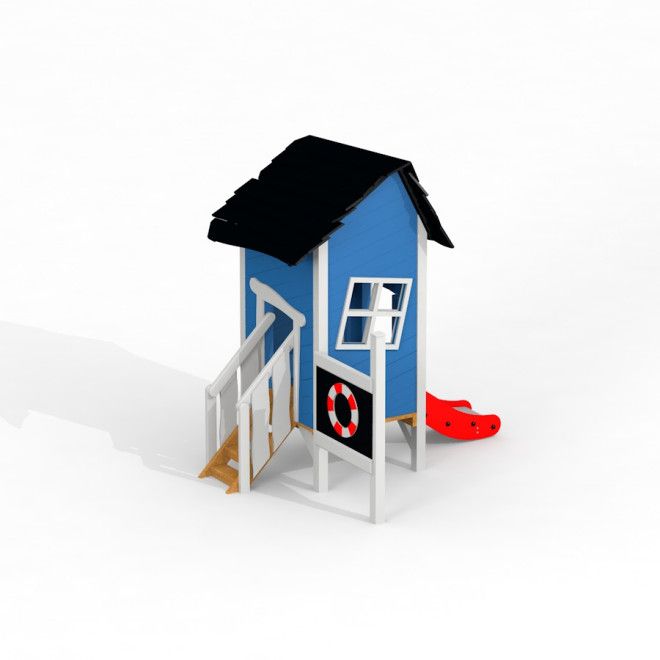 Lena's playhouse with a slide en bleu et blanc, avec escaliers et un toboggan rouge.