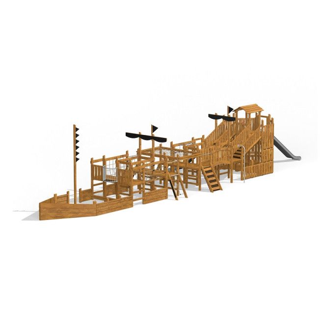 Structure d'escalade en bois pour aire de jeux avec toboggan et éléments en corde Majestic ship with slide Uvala.