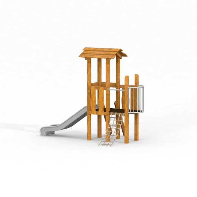 Pixie wooden playhouse with slide Uvala en bois naturel avec filet d’escalade et toboggan en métal