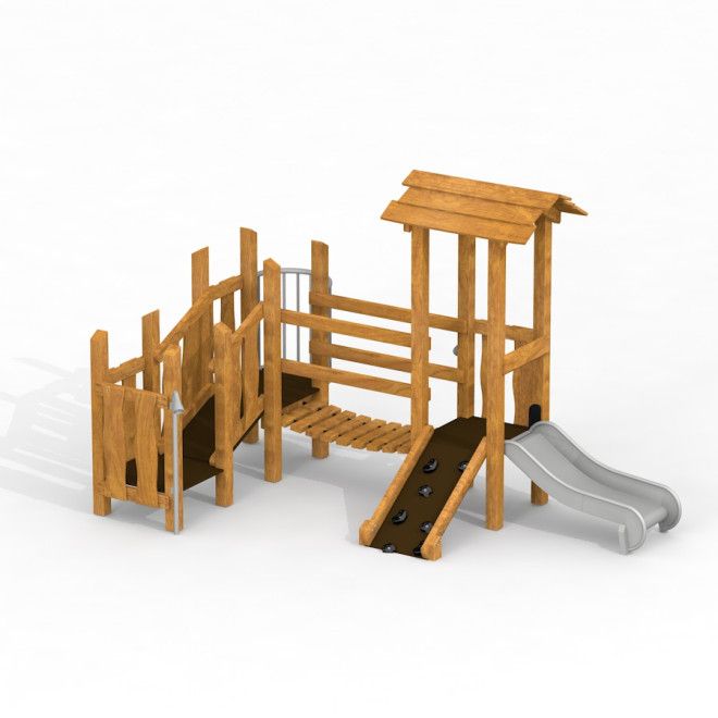 Smart wooden playhouse with slide Uvala équipement de jeu en bois naturel et toboggan en métal
