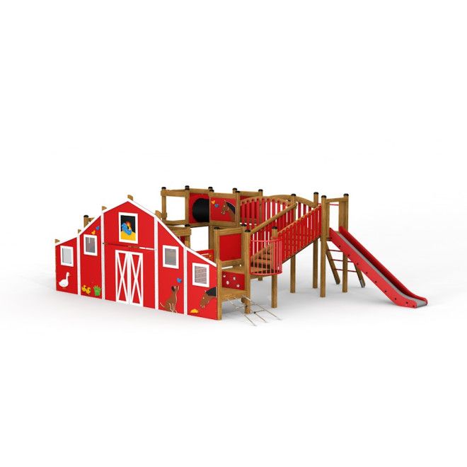 Structure d’escalade de aire de jeux Barn avec toboggan et tunnel pour enfants.