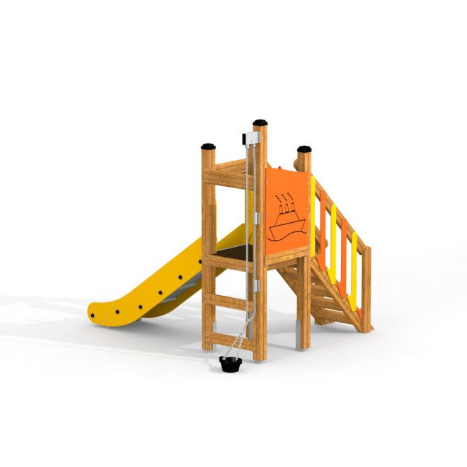Toboggan de aire de jeux en bois Marlin avec marches jaunes et corde d’escalade.