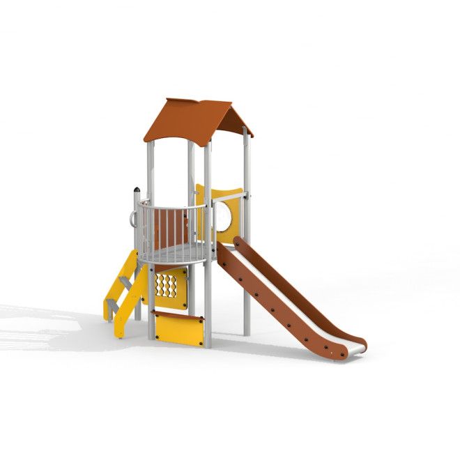 Viewpoint with a slide équipement de jeux avec éléments d'escalade et de glisse jaunes et marron.