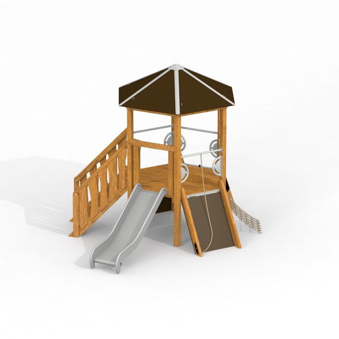 Maison de jeu en bois Six Angle avec escaliers et toboggan, avec filet d’escalade et corde pour terrain de jeu.