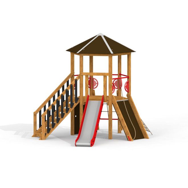 Structure de terrain de jeu en bois Six Angle avec escaliers et toboggan, escaliers d’escalade, toboggan et plateforme couverte