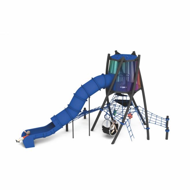 Harmattan structure de jeu avec toboggan bleu et filets d’escalade