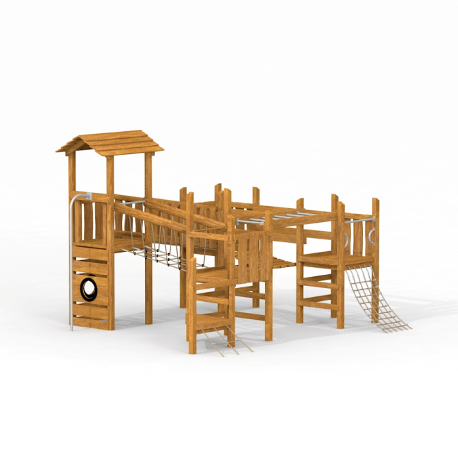 Challenger Uvala II structure de jeu en bois à grimper avec échelle de corde et plateforme de toboggan.