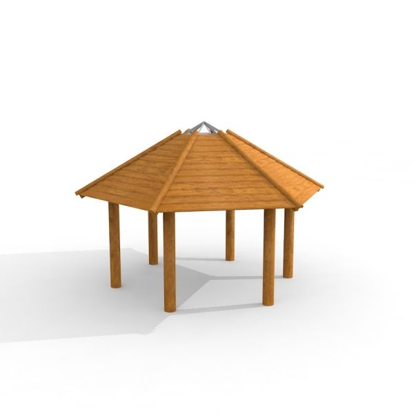 Gazebo Firehouse en bois avec toit hexagonal et six piliers de soutien.