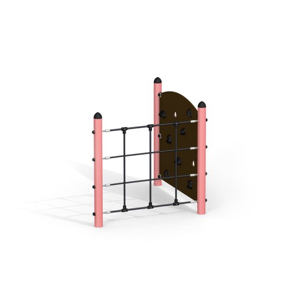Hidden corner steel structure pour aire de jeux avec mur d’escalade et filet de corde.