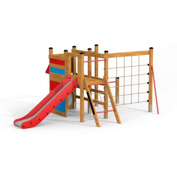 Aire de jeux en bois Kiosk avec toboggan et filet d’escalade.
