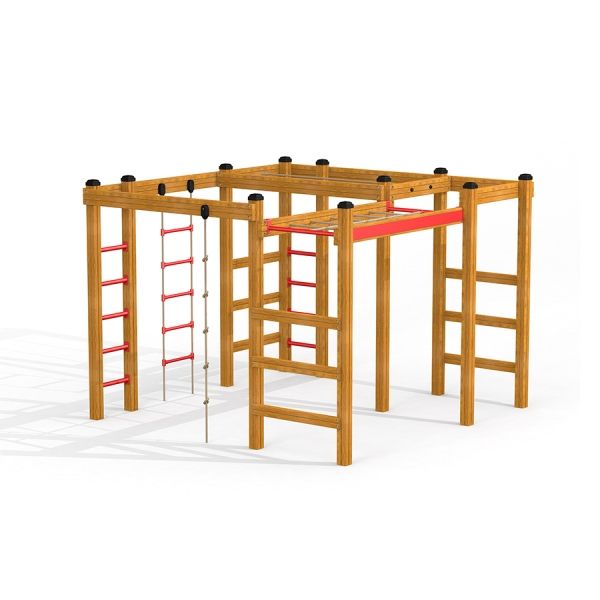 Chimpanzee wooden playhouse avec cordes et échelles d'escalade.