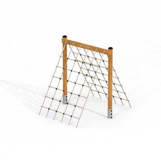 V-shape Net wooden playhouse structure d’escalade avec filets en corde et poteaux en bois